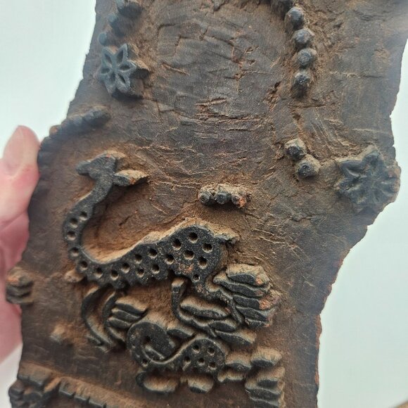 Antique Hand Carved Wood Textile Dragon Mythological Pattern Fabric Stamp Block - Picture 7 of 12